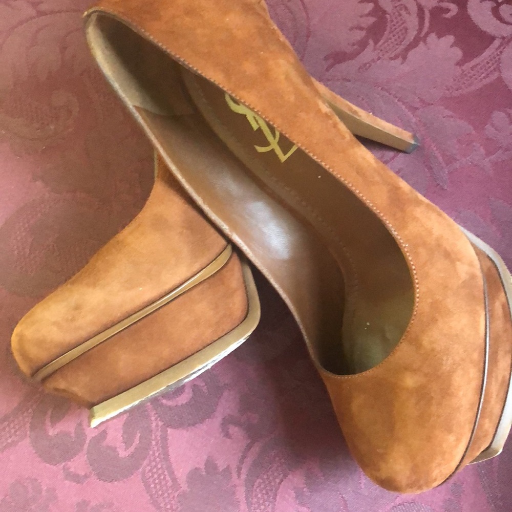 YSL Caramel Brown Tribute Suede Pump